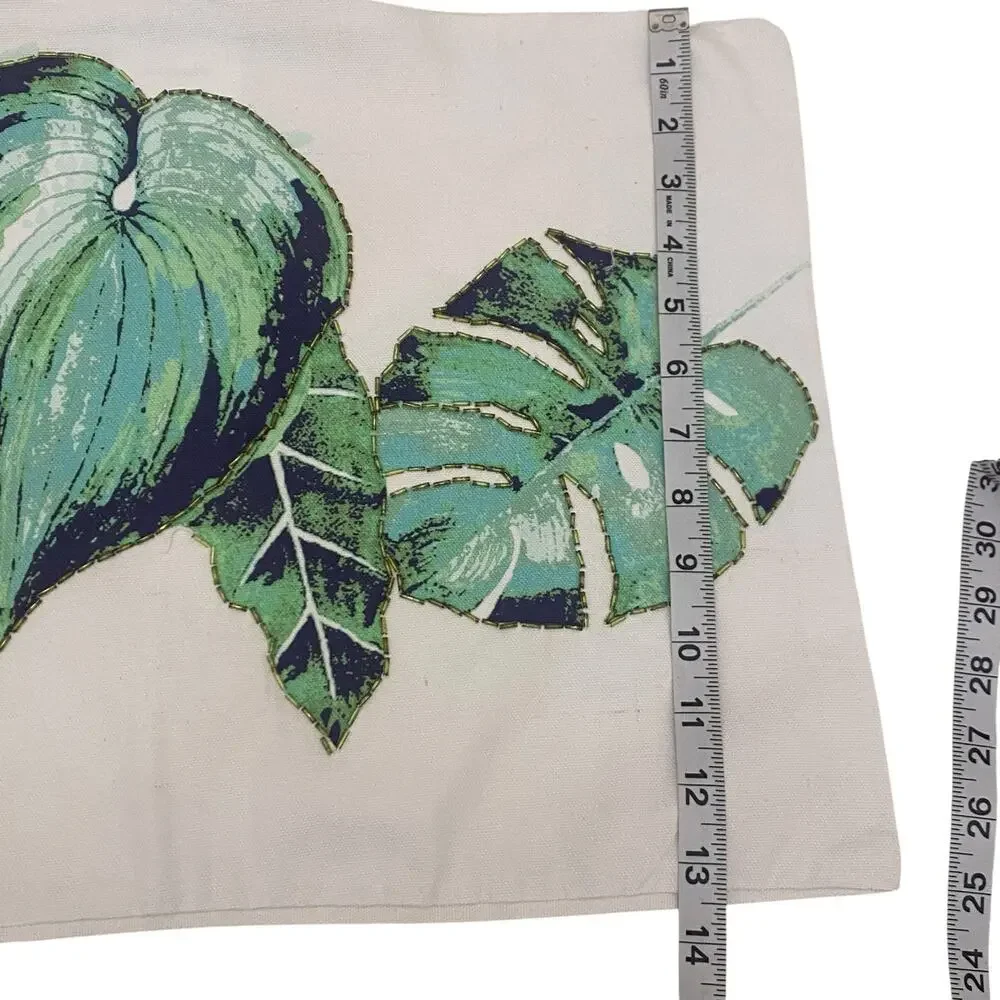 Set of TWO Tropical Monstera Leaf Beaded Throw Pillow Covers 19x13 with Zipper